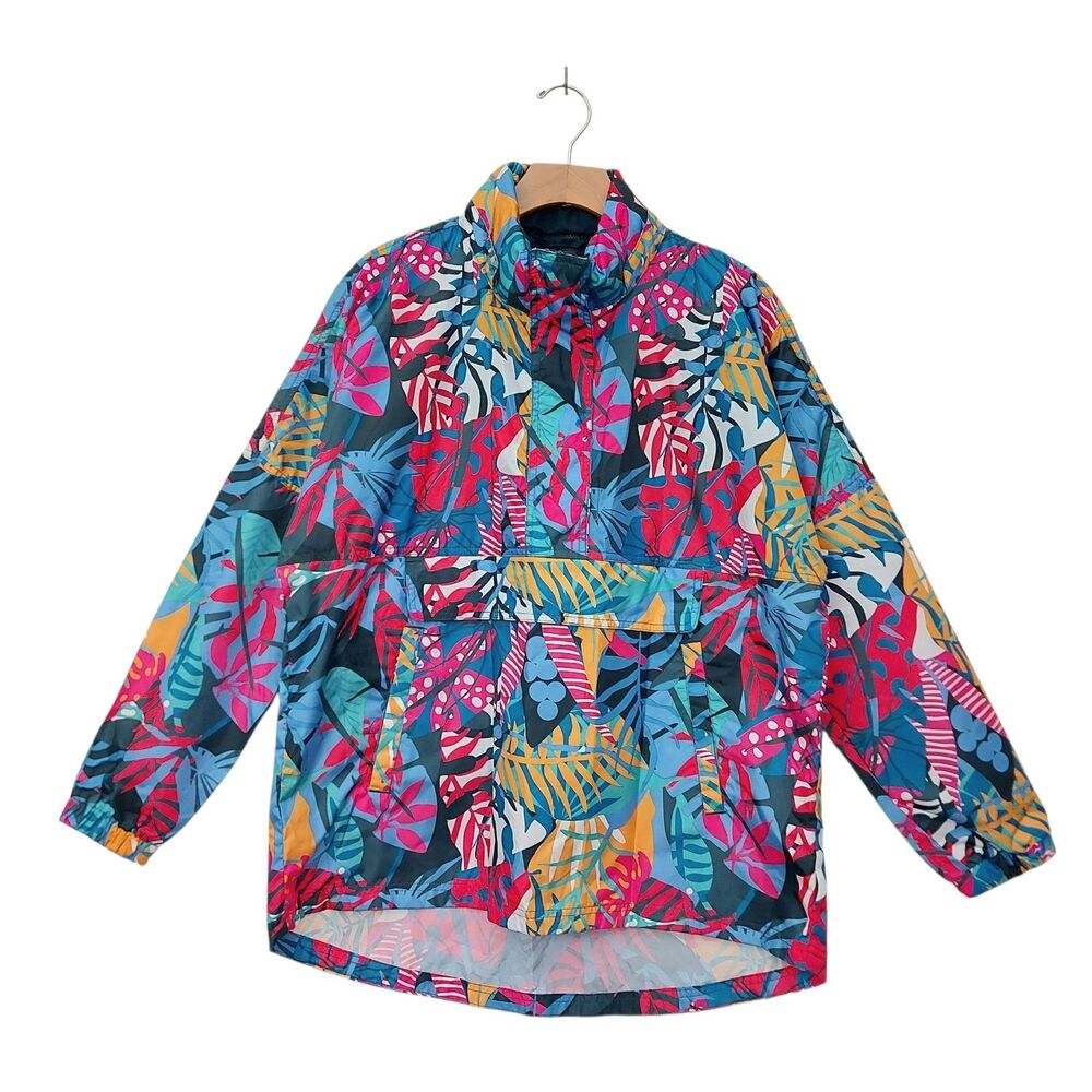 Lauren James Womens Medium Pink Blue Floral Anorak Rain Jacket Hooded Travel